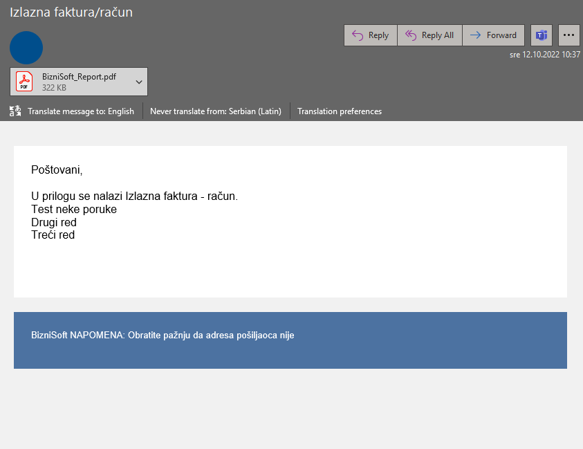 Izgled primljenog mejla - Outlook
