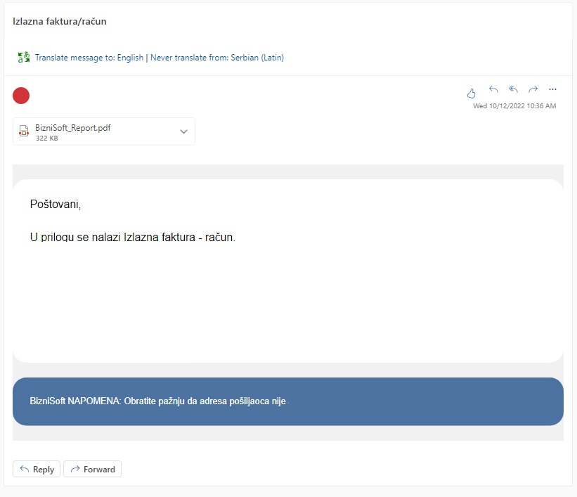 Izgled primljenog mejla - Web klijent