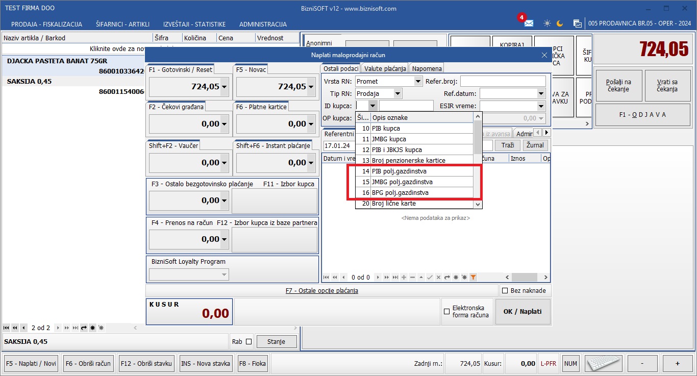 BizniSoft POS - ID kupca