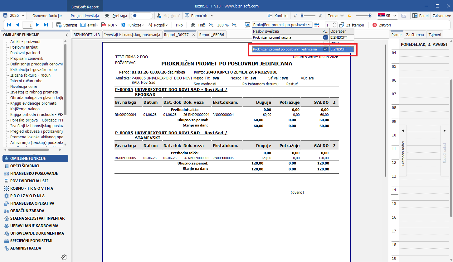 Proknjižen promet po poslovnim jedinicama
